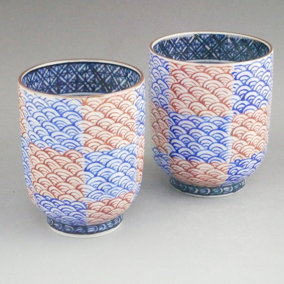 ◆商品番号　12684 青赤市松青海波夫婦湯呑と夫婦茶碗セット　紫峰 ◆商品番号　12684 青赤市松青海波夫婦湯呑と夫婦茶碗セット　紫峰