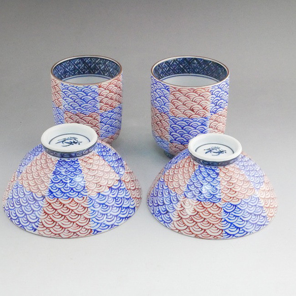 ◆商品番号　12684 青赤市松青海波夫婦湯呑と夫婦茶碗セット　紫峰 ◆商品番号　12684 青赤市松青海波夫婦湯呑と夫婦茶碗セット　紫峰