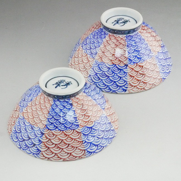 ◆商品番号　12684 青赤市松青海波夫婦湯呑と夫婦茶碗セット　紫峰 ◆商品番号　12684 青赤市松青海波夫婦湯呑と夫婦茶碗セット　紫峰