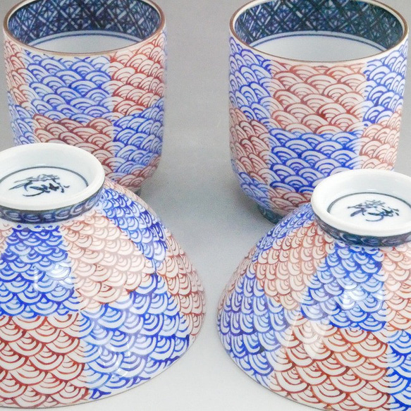 ◆商品番号　12684 青赤市松青海波夫婦湯呑と夫婦茶碗セット　紫峰 ◆商品番号　12684 青赤市松青海波夫婦湯呑と夫婦茶碗セット　紫峰