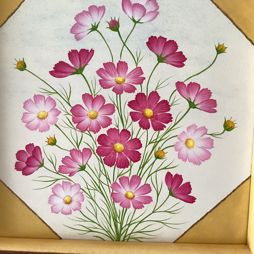 秋の二つの風景 コスモスと月に見とれるうさぎ トールペイント その他