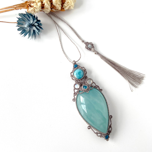 51mm特大】アクアマリン×ラリマー×レインボームーンストーン×2種類の