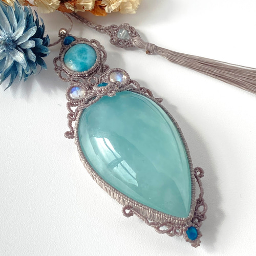 51mm特大】アクアマリン×ラリマー×レインボームーンストーン×2種類の