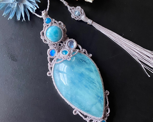 51mm特大】アクアマリン×ラリマー×レインボームーンストーン×2種類の