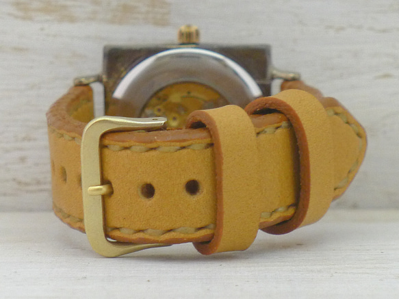 BAM027 自動巻きBrass(真鍮)36mmスクエア 手作り腕時計 [BAM027 GD/CA手縫] 8枚目の画像