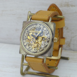 BAM027 自動巻きBrass(真鍮)36mmスクエア 手作り腕時計 [BAM027 GD/CA手縫] 2枚目の画像