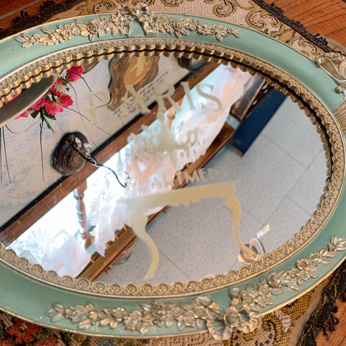 Antique ミラートレイ　アール・ヌーヴォー装飾 　草花縁取り アンティーク調のおしゃれな雑貨、ミラートレイ（シルバー）(n12