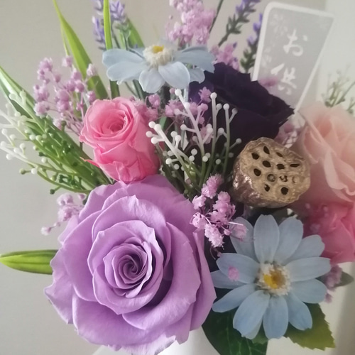 仏花23センチ お供え花 仏壇「水色のジニア」 プリザーブド