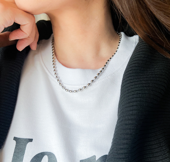 【ifumé】金属アレルギー対応｜サージカルステンレス製 ライスボールチェーンネックレス 太めタイプ 6×4mm 1枚目の画像