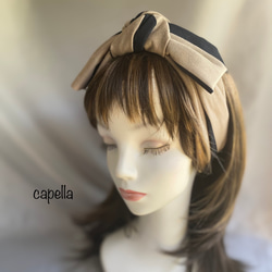 capella⭐️ 《再販》大きなボーダーが個性的♪スウェット素材のリーリエターバン　ベージュ×黒がシックな大人リボン 2枚目の画像