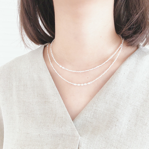 2way淡水パールとクリスタルビーズの初雪のビーズロングネックレス