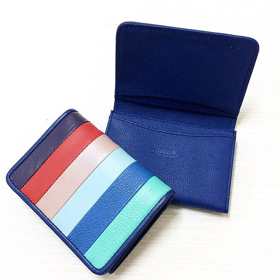 牛革ストライプ名刺入れ（ブルー）