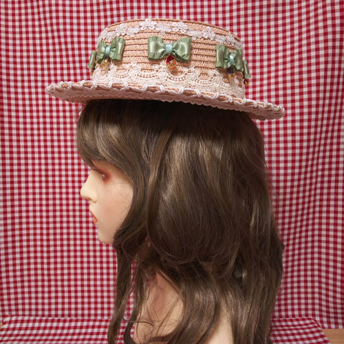 W Berry Cakeのストローハット シェルピンク*ケーキ 麦わら帽子 W Berry Cakeのストローハット シェルピンク*ケーキ 麦わら帽子