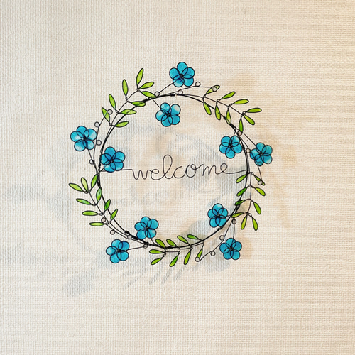 小さな青いお花と葉っぱのリース♡︎ワイヤーアート ウォール