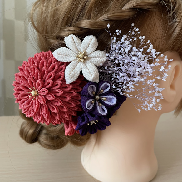 つまみ細工髪飾り【洗朱色半くすセット】成人式・卒業式に かんざし