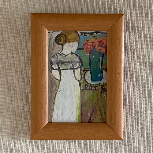絵画。原画手描き【夜、窓の前に立って花瓶を整えて夜の景色を