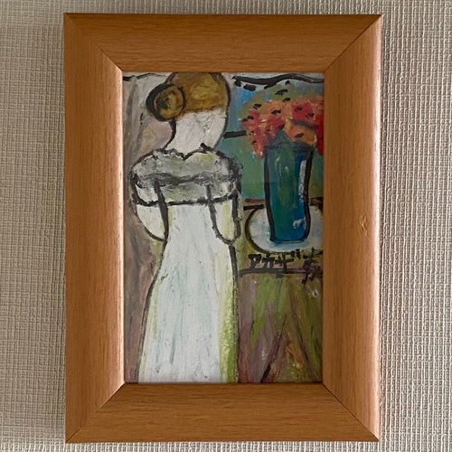 絵画 。壁掛け絵原画【部屋の中で花瓶を片付ける少女と楽しく