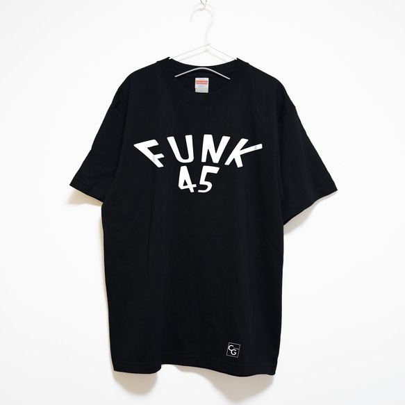ファンクの45回転盤をテーマにした音楽系Tシャツ【ブラック】やや厚めプレミアム生地 半袖クルーネック 2枚目の画像