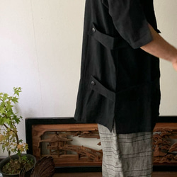 着物風手織り綿メンズブラウス半袖　ダブルベルトと着物合わせで粋に着こなす 黒無地 8枚目の画像