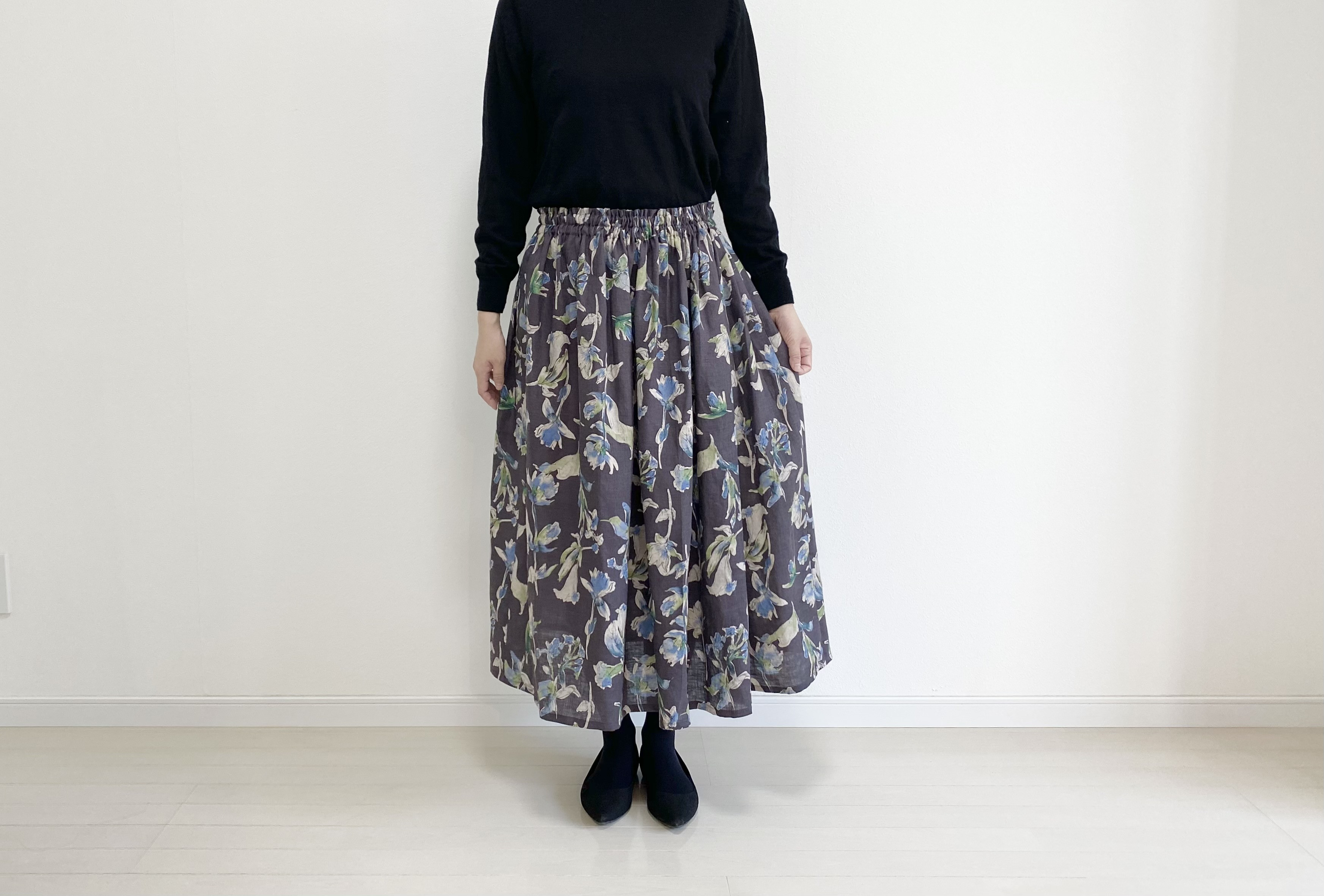 【メルマガ掲載】花柄リネンギャザースカート　グレイッシュパープル