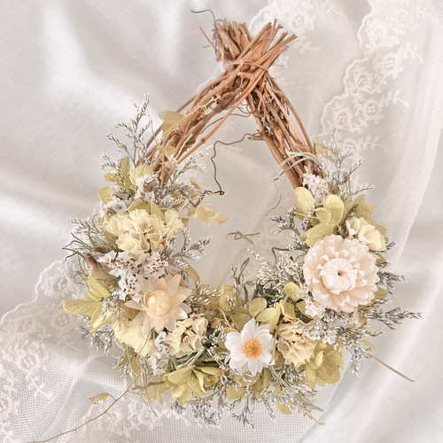 オープン記念クーポンあり ドライフラワーのドロップリース ナチュラル