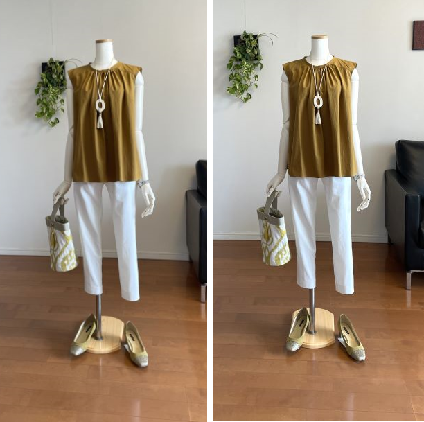 【完成品】5号 前ギャザーノースリーブブラウス(キャメル)