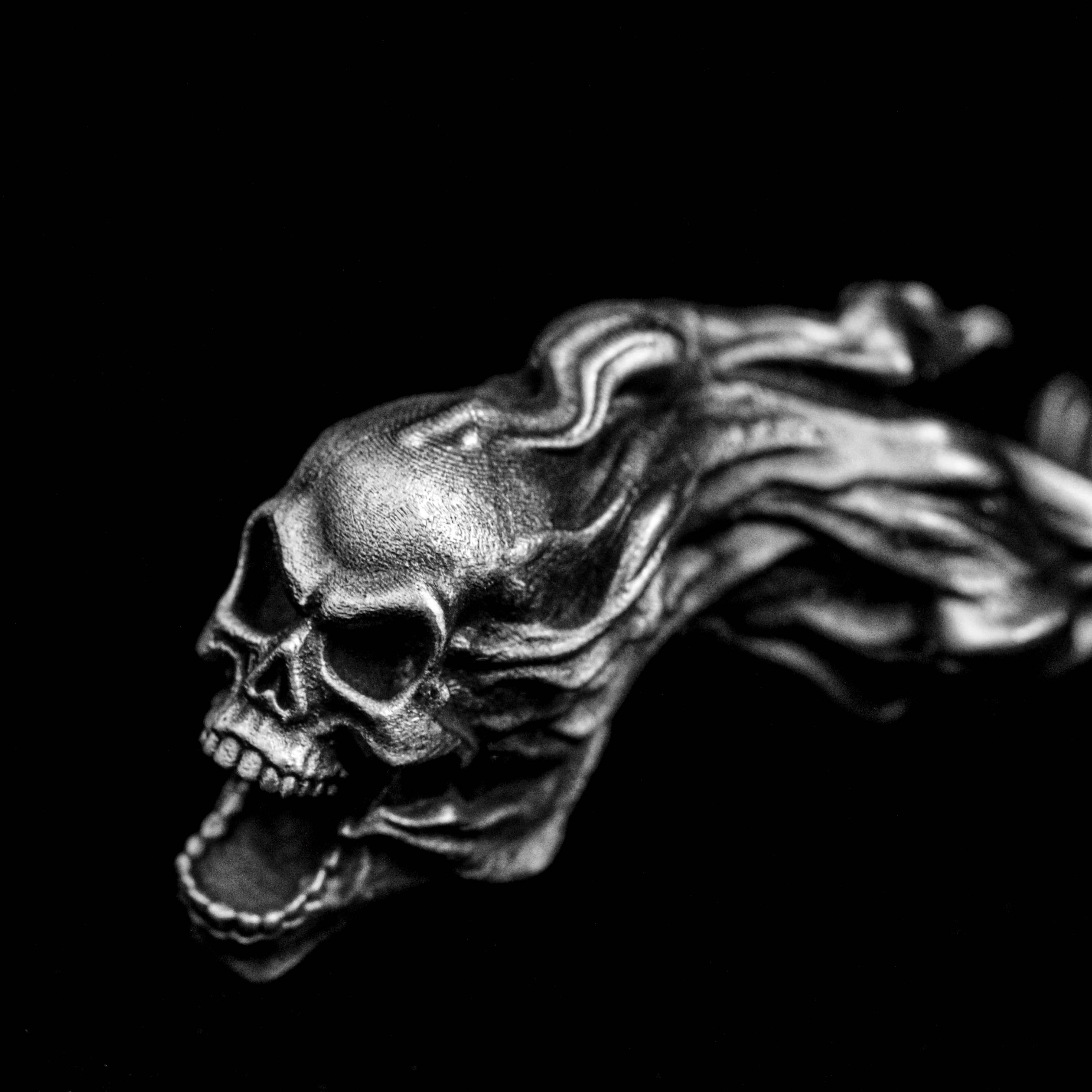 咆哮する髑髏の銀のペンダント、暗いレトロなペンダント、五行の火の鍵のペンダント - 手作り