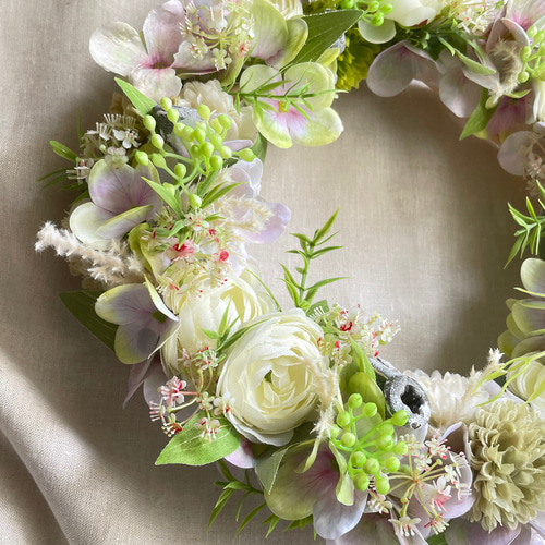 グリーンホワイトリース 玄関 屋外 屋内 造花 アーティフィシャル 30cm  