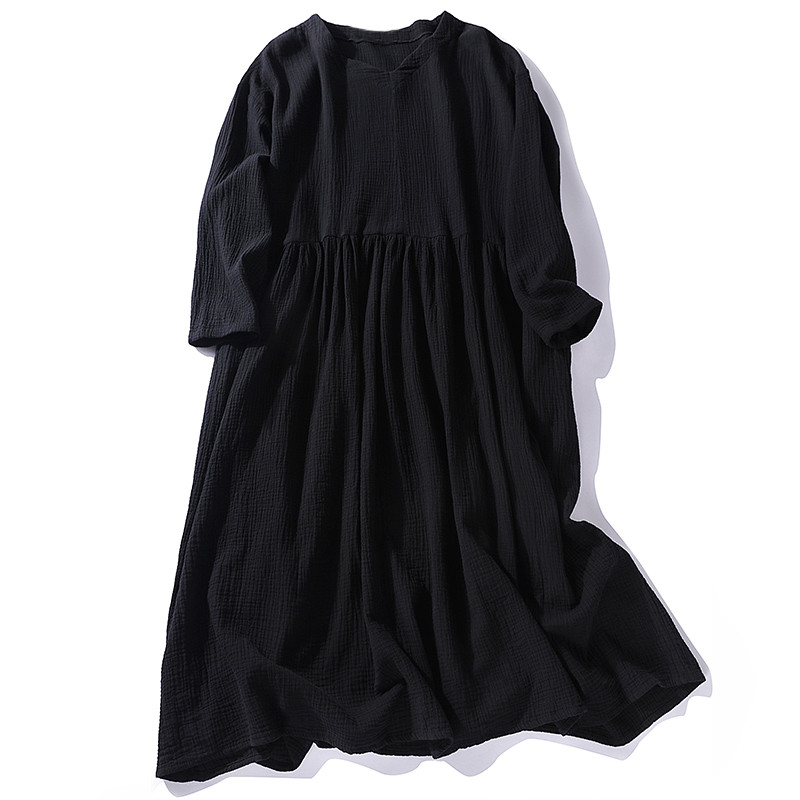 肌触りも優しく着心地がいい綿麻長袖ワンピース　大きいサイズゆったりと着れるサイズワンピース　ブラック＃L071BL 4,731円