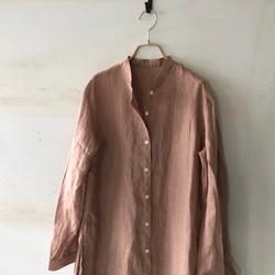 スタンドカラーlong shirt/ロングシャツ ベラルーシリネン　スモーキーピンク 1枚目の画像
