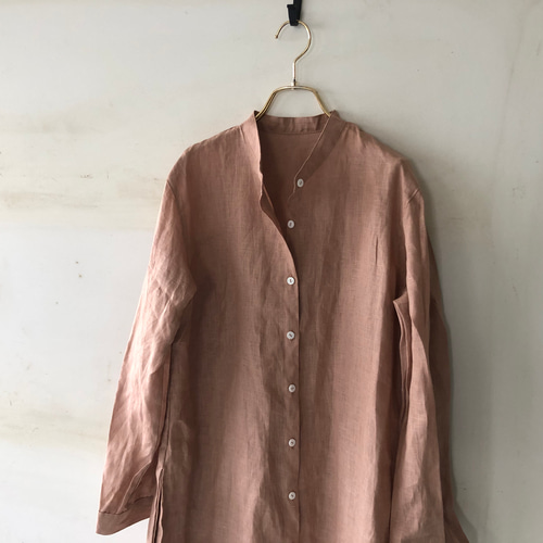 スタンドカラーlong shirt/ロングシャツ ベラルーシリネン スモーキー