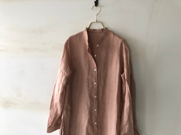 スタンドカラーlong shirt/ロングシャツ ベラルーシリネン　スモーキーピンク 1枚目の画像