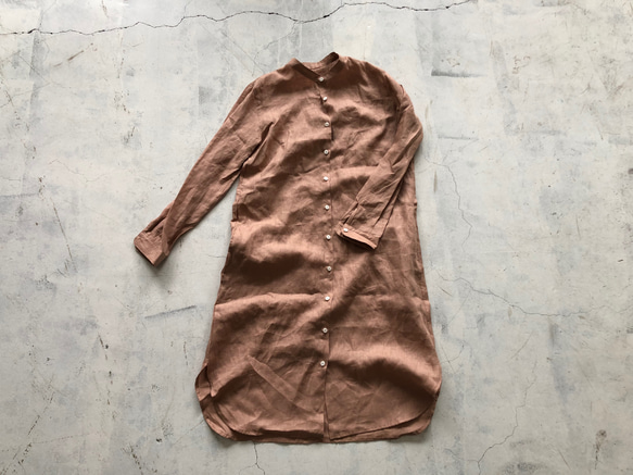 スタンドカラーlong shirt/ロングシャツ ベラルーシリネン　スモーキーピンク 2枚目の画像