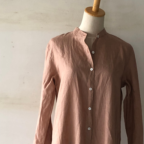スタンドカラーlong shirt/ロングシャツ ベラルーシリネン　スモーキーピンク 3枚目の画像