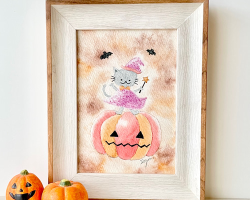 水彩画 原画 ねこねこハロウィン HC03】ハロウィン猫 猫イラスト 可愛いねこ アートポスター 水彩
