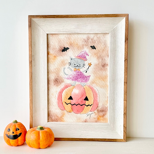 透明水彩画 A4ポスター「ハロウィン猫ちゃん」イラスト アートポスター