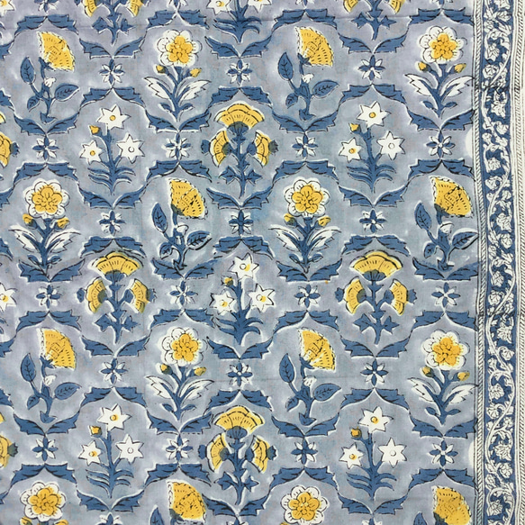 [50cm單位]藍灰黃花印度手工塊印花布料紡織棉 第1張的照片