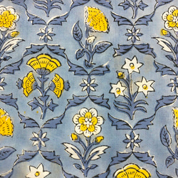 [50cm單位]藍灰黃花印度手工塊印花布料紡織棉 第3張的照片