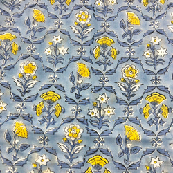 [50cm單位]藍灰黃花印度手工塊印花布料紡織棉 第4張的照片