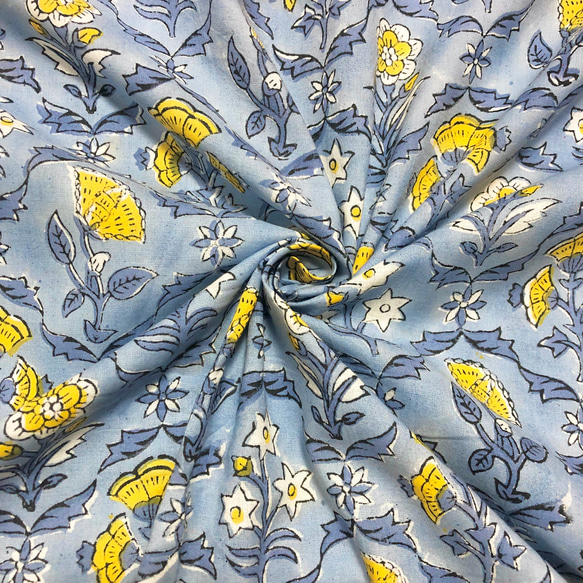 [50cm單位]藍灰黃花印度手工塊印花布料紡織棉 第2張的照片