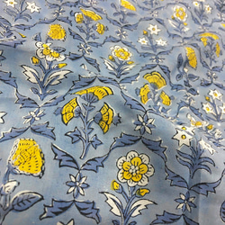 [50cm單位]藍灰黃花印度手工塊印花布料紡織棉 第6張的照片