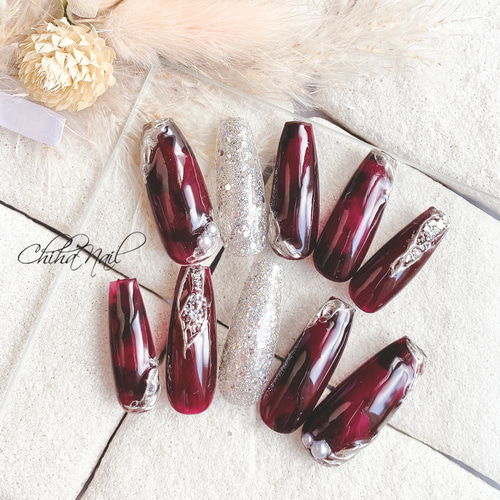 ボルドーネイル ニュアンスネイル べっこうネイル 大人ネイル 秋ネイル