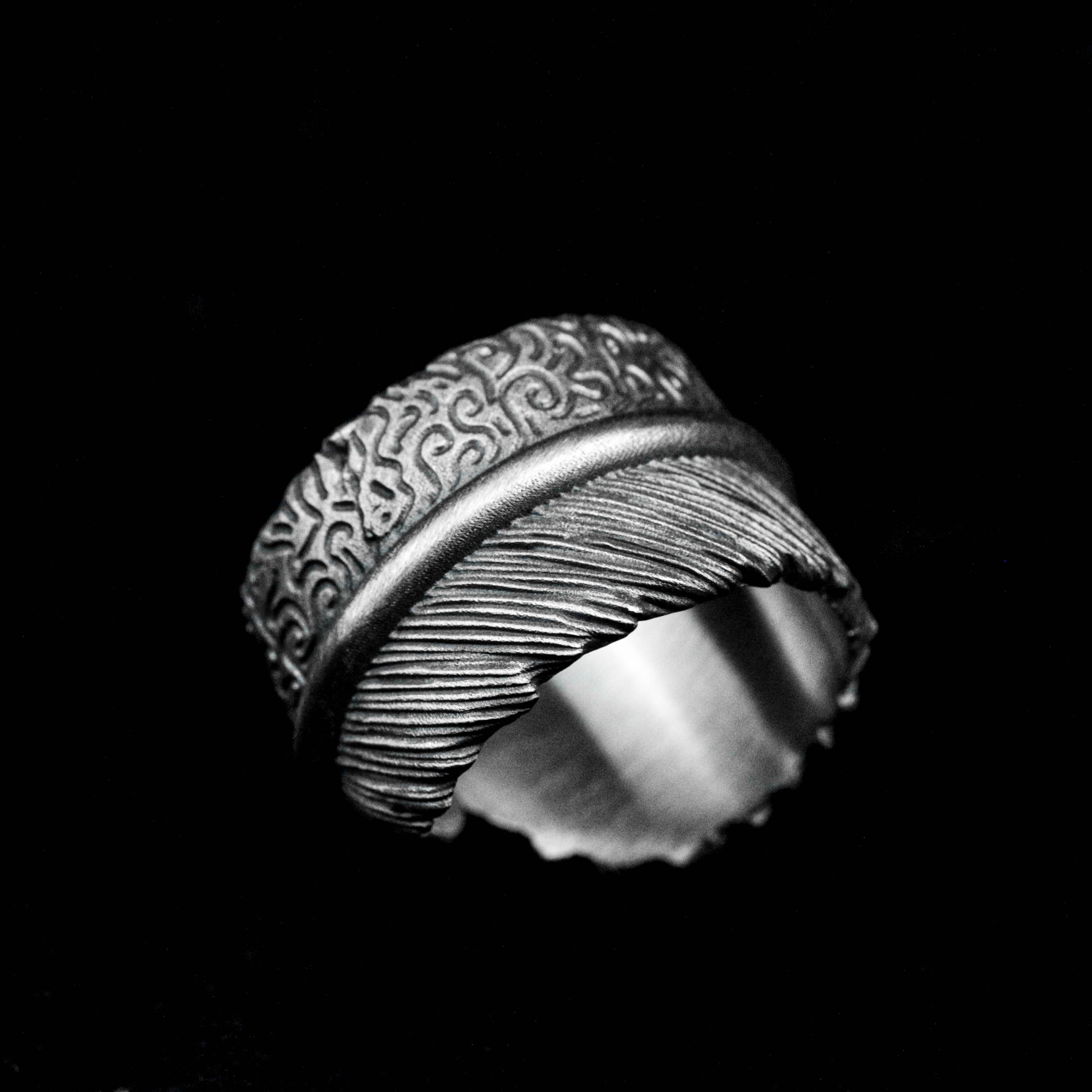 925フェザー シルバー リング、羽の指輪、トーテム オープン リング、天使の翼リング - 手作り