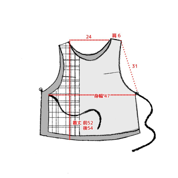 リバーシブルベスト　アシンメトリーな切り替え（ブラウンチェック ✕ カーキ） 6枚目の画像