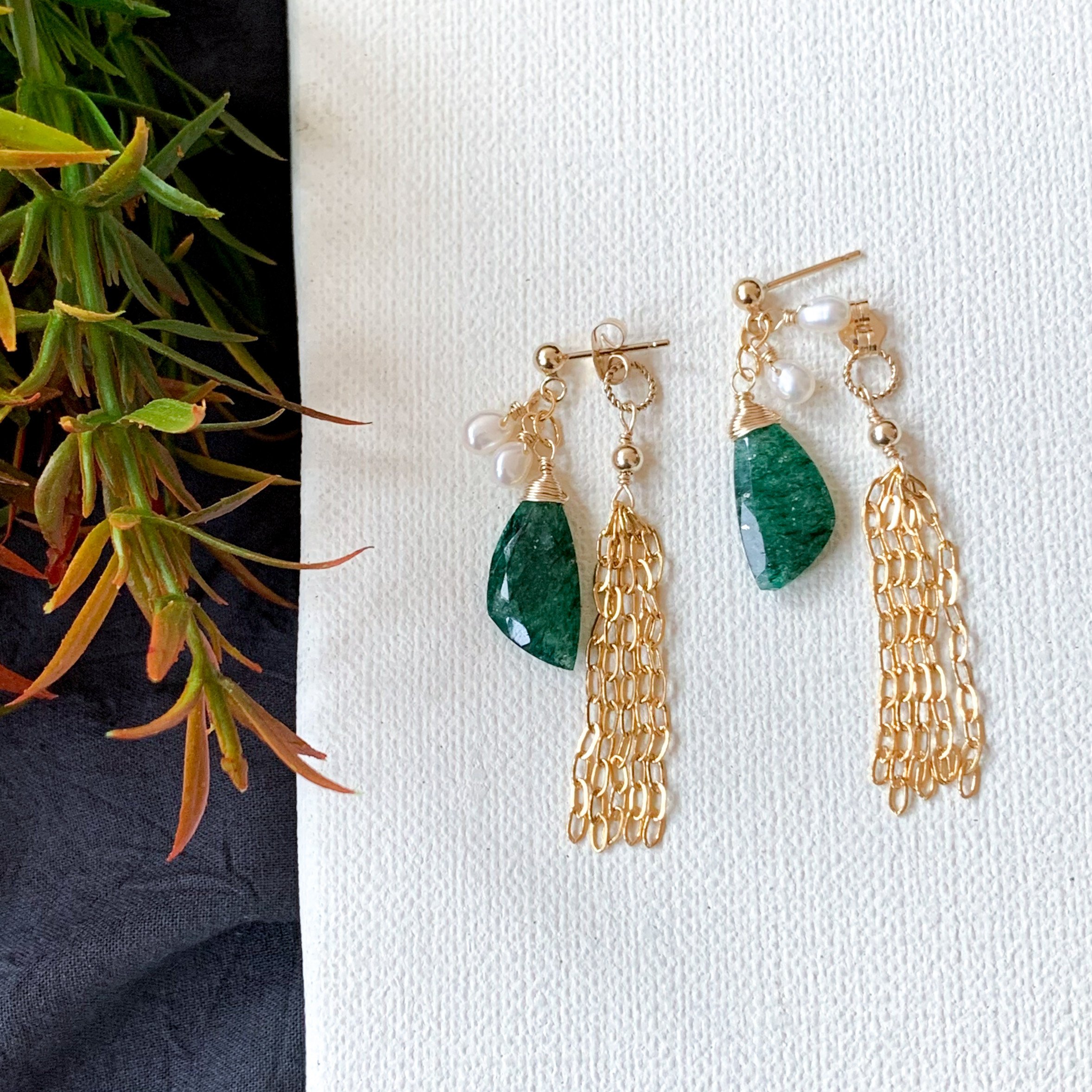 14kgf*グリーンアベンチュリンの2wayフリンジスタッドピアス