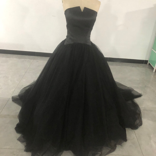 高品質！ パーティードレス 黒 ミニトレーン/短トレーン ベアトップ  