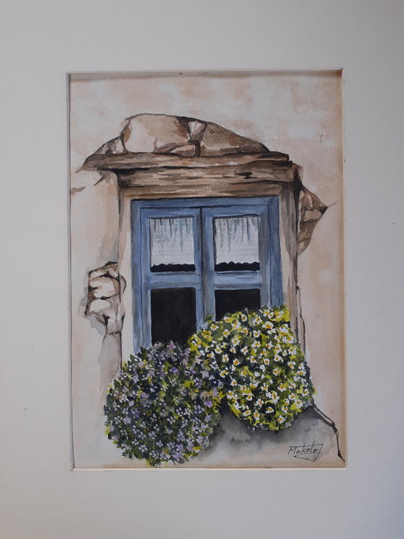 水彩画 古い家にきれいな花いっぱい 絵画 makochin 通販 14539624
