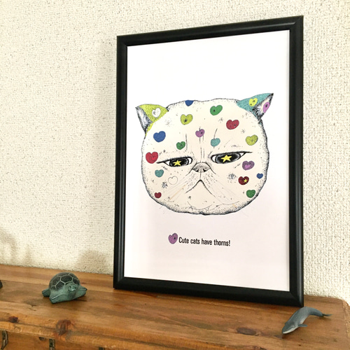 ぶさ猫とハート アートポスター イラスト A4/B4/A3サイズ イラスト