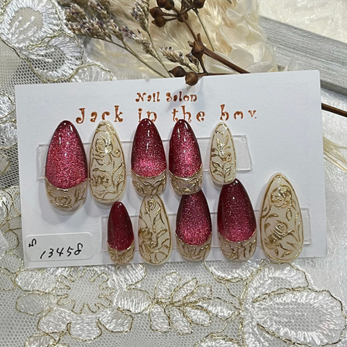 ボルドーマグネットネイルと薔薇のミラーアートネイルチップ スキニー