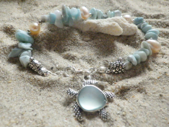 【再販】*sv925*Honu & Larimer Beach Bracelet ホヌとラリマーのブレスレット 4枚目の画像